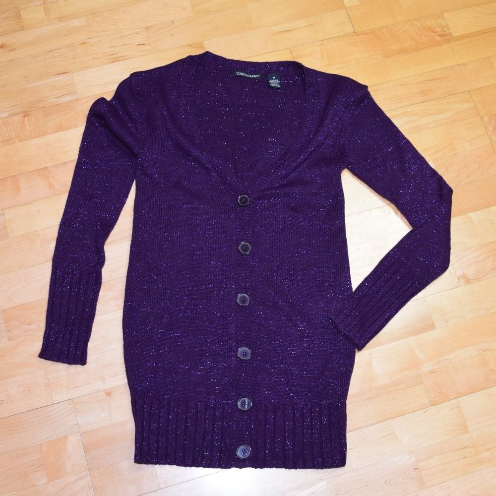 TOMFOOLERY Women's Jrs Sz M Purple Sparkle LONG CARDIGAN